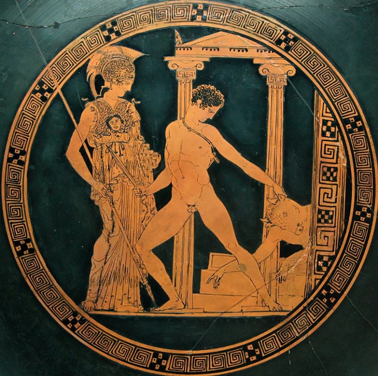 Тесей, убивающий Минотавра, и Афина. Краснофигурный килик, мастер Эйсон, 425-410 гг. до н. э. Национальный археологический музей, Мадрид