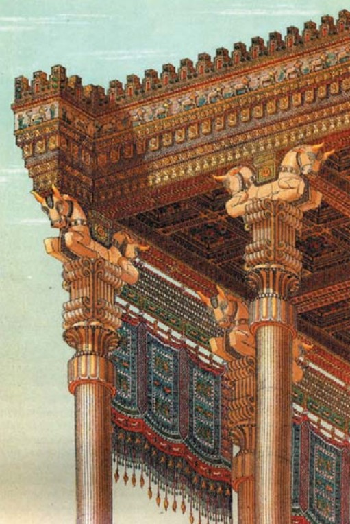Реконструкция фрагмента царского дворца Ападаны в Персеполе; Шарль Чипис, 1884 г.