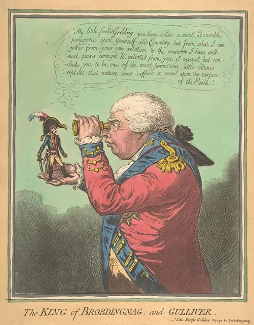 английская карикатура начала XIX века. Король великанов (Георг III) разглядывает Гулливера (Наполеона Бонапарта)