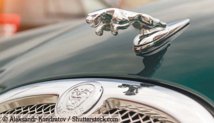 Хромированная эмблема в виде ягуара на капоте ярко-зеленого Jaguar S-type 2007 г. Новосибирск, Россия, 28 июня 2018 г.