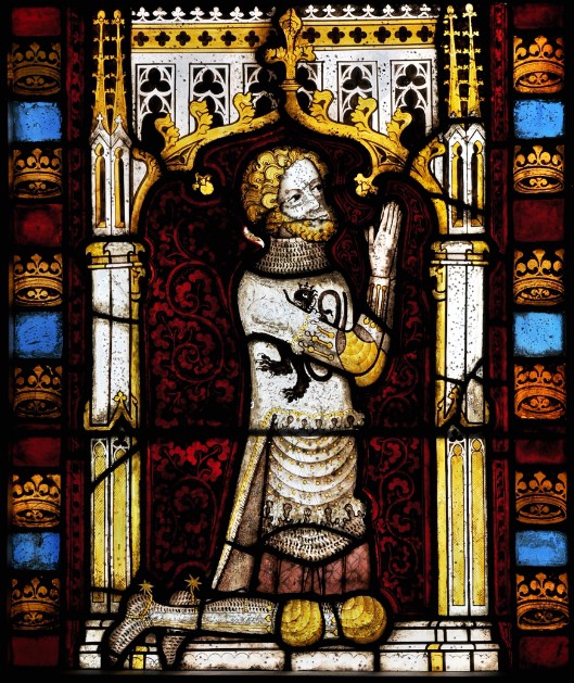 Молящийся рыцарь. Витраж церкви. Франция. 1350 г. 