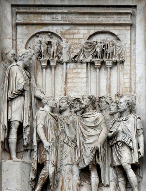 Пленные германцы перед императором. Барельеф с арки Константина в Риме. V в.