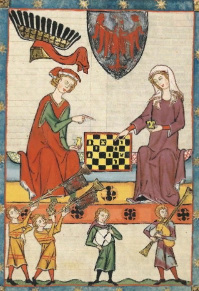 Дама, играющая в шахматы с кавалером. Миниатюра из Манесского кодекса. Германия. 1300 г. 