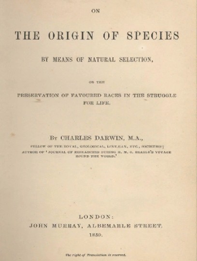 Титульный лист труда Чарльза Дарвина «Происхождение видов путем естественного отбора, или Сохранение благоприятных рас в борьбе за жизнь» издания 1859 года