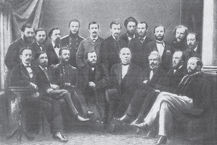 Члены химической секции 1-го съезда русских естествоиспытателей. Санкт-Петербург, 1868 год. Бородин — в центре слева