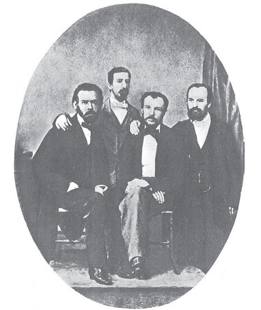 Группа участников Гейдельбергского кружка. В центре: А. П. Бородин и Д. И. Менделеев. 1860 год