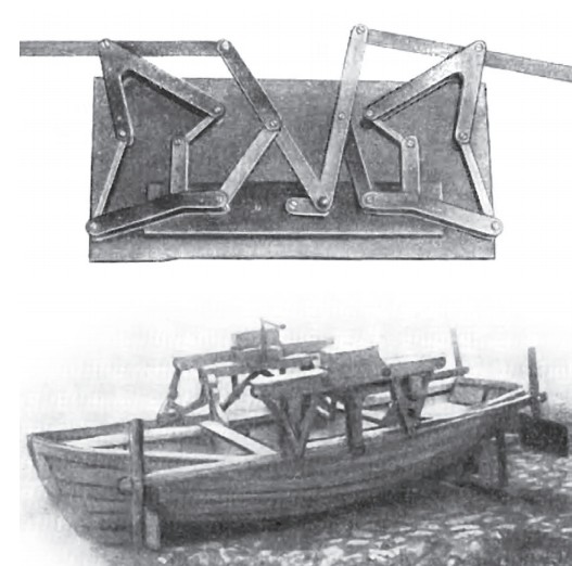 Изобретения Чебышева: гребной механизм (вверху) и обустроенная ученым лодка
