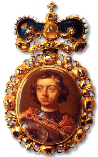 Наградной знак с портретом Петра I. Золото, серебро, драгоценные камни. Конец XVII – начало XVIII в. 