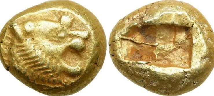 Древняя лидийская монета с начеканенными прямоугольниками