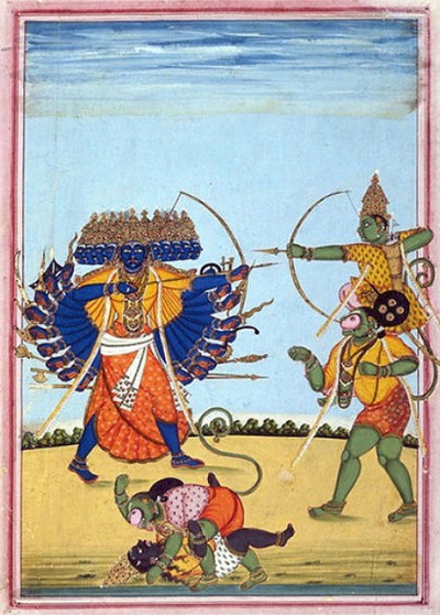Сражение с предводителем демонов Раваной, Рама (справа) сидит на плечах Ханумана