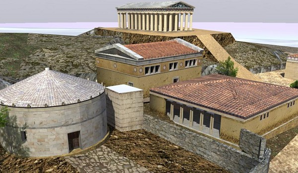 Два прямоугольных здания на переднем плане - старый и новый афинские булевтерии. Реконструкция