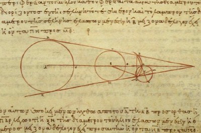 Расчеты сравнительных размеров Солнца, Земли и Луны (слева направо), сделанные Аристархом Самосским в 3 веке до н.э. Греческая копия X века