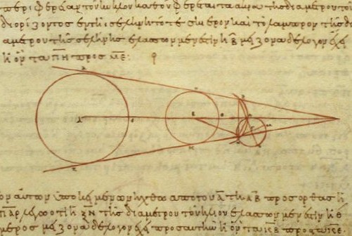 Расчеты сравнительных размеров Солнца, Земли и Луны (слева направо), сделанные Аристархом Самосским в 3 веке до н.э. Греческая копия 10 века