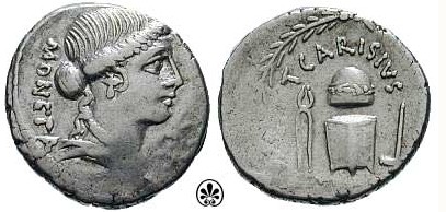 Денарий Тита Каризия с изображением Юноны-Монеты и инструментов монетной чеканки (46 год до н. э.)