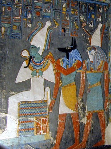 Осирис, Анубис и Хорос. Настенная роспись в гробнице