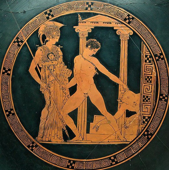 Тезей, убивающий Минотавра, и Афина. Краснофигурный килик, мастер Эйсон, 425—410 гг. до н. э.