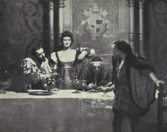 Чезаре и Лукреция Борджиа и их отец папа Александр VI предлагают гостю вино