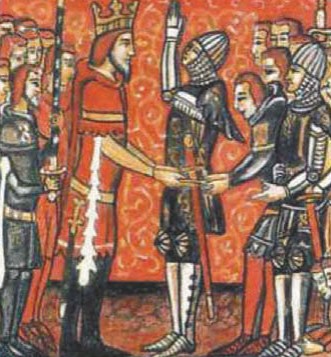 Роланд приносит вассальную клятву Карлу Великому. Средневековая миниатюра, ок. 1400 г.