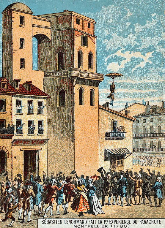 Прыжок Ленормана с парашютом с крыши обсерватории в Монпелье, 1783. Рисунок конца XIX в.