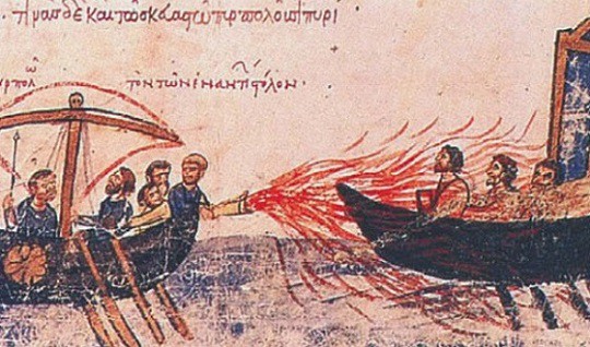 Использование «греческого огня». Миниатюра из «Мадридской рукописи» — произведения византийского хрониста XI—XII вв. Иоанна Скилицы