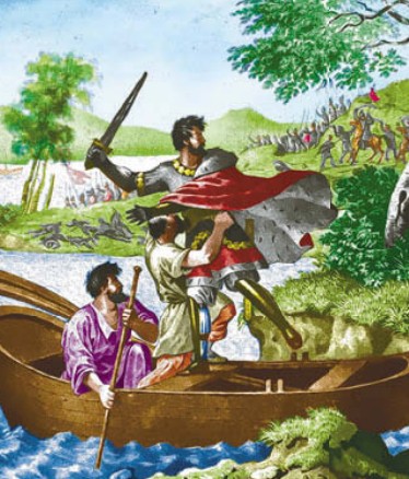 Князь Мстислав Галицкий после поражения на реке Калке спасается за Днепром. 1223 г.
