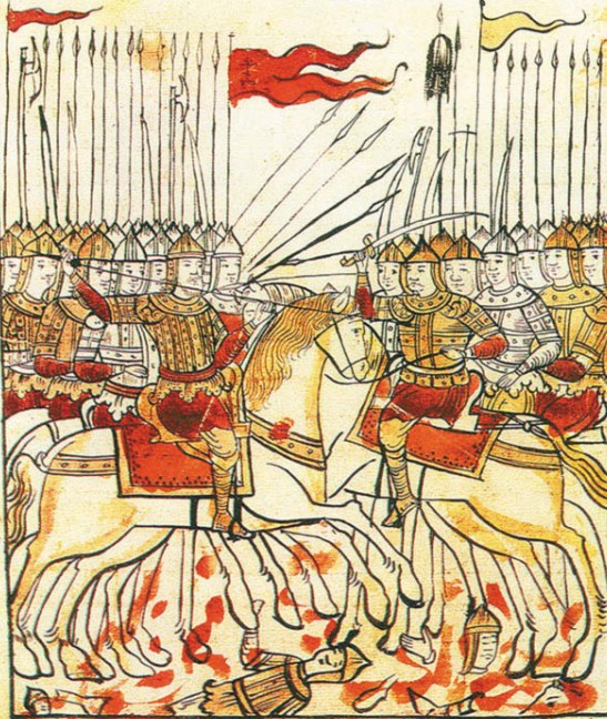 Битва на Куликовом поле в 1380 г. Миниатюра из рукописи «Сказание о Мамаевом побоище». XVII в.