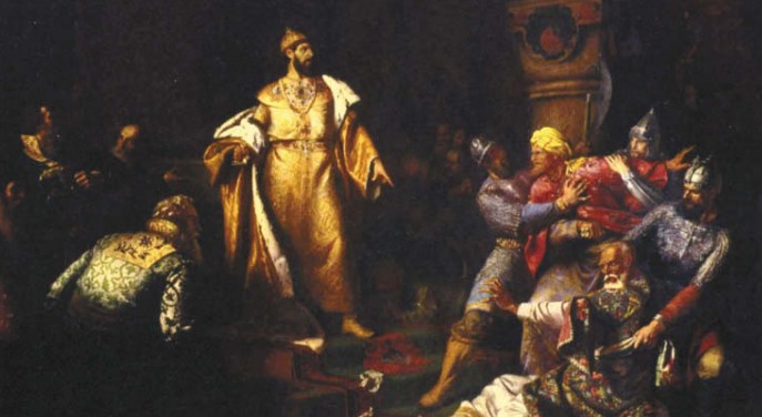 Иван III свергает татарское иго, разорвав изображение хана и приказав умертвить послов. Н. Шустов. 1862 г.