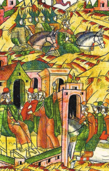 30 сентября 1480 г. великий князь Иван III получает в Москве известие, что хан Ахмат с Ордой подходит к Алексину. Миниатюра из «Лицевого летописного свода». XVI в.