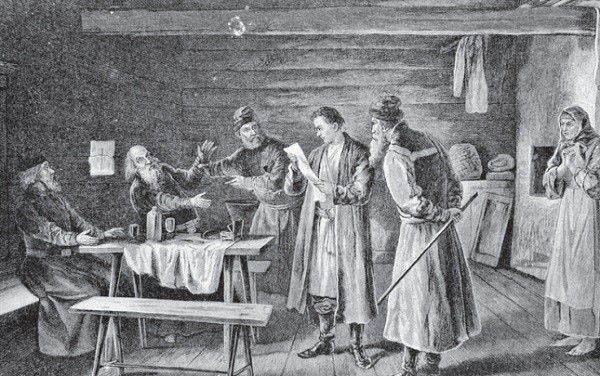 Григорий Отрепьев зачитывает императорский указ. Рисунок из журнала «Нива». 1893 г.