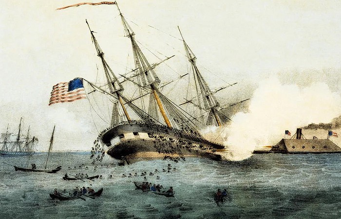 Хэмптонский рейд 9 марта 1862 г. Горит фрегат «Конгресс»
