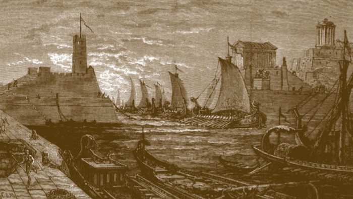 Флот Лисандра, разгромившего врага в битве при Эгаспотамах, входит в гавань Афин