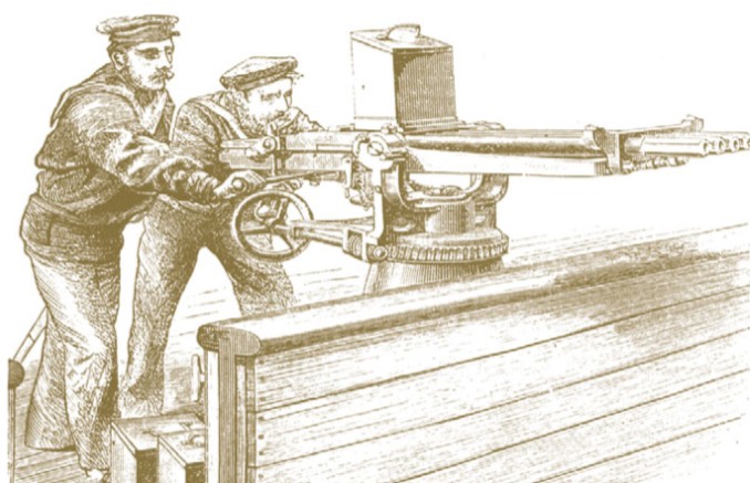 Британские моряки на палубе крейсера с 4-ствольной картечницей Норденфельда калибра 25 мм.