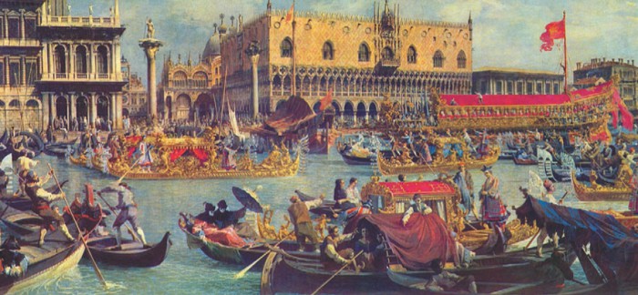 Галера «Буцентавр» (под красным флагом справа на картине) в порту Венеции в окружении более мелких кораблей