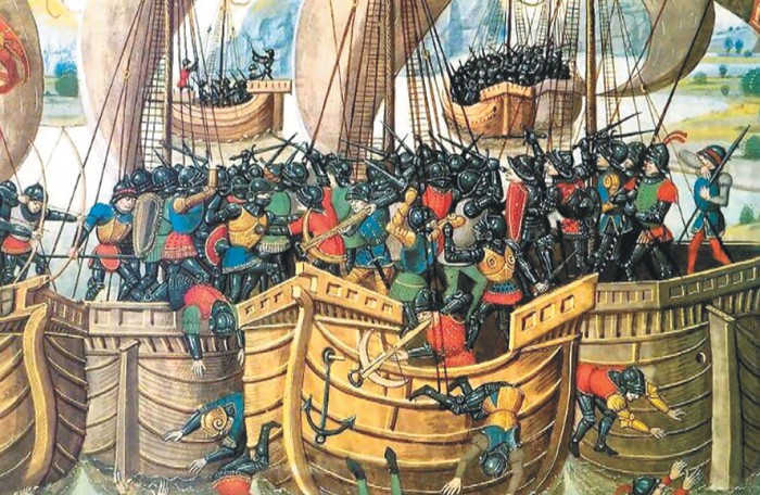 Иллюстрация морского сражения при Слёйсе из средневекового манускрипта