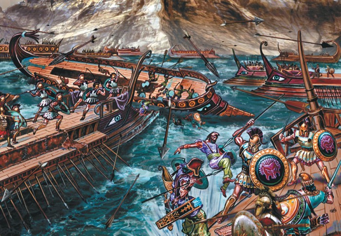Греческие триеры таранят персидские суда в битве при Саламине