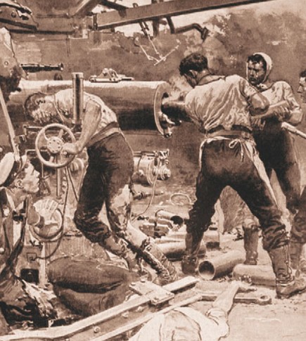 Британская артиллерийская команда на палубе корабля во время боя