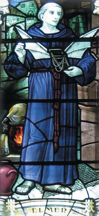 Эйлмер из Малмсбери со своим изобретением на одном из витражей Малмсберийского аббатства