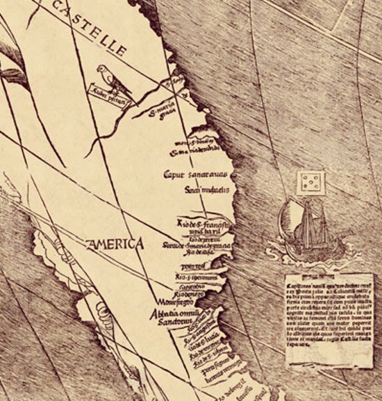 На фрагменте карты М. Вальдземюллера показано известное европейцам побережье Южной Америки