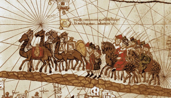 Семья Марко Поло в составе каравана, путешествующего по пустыне. Фрагмент карты из каталанского атласа. XIV в.