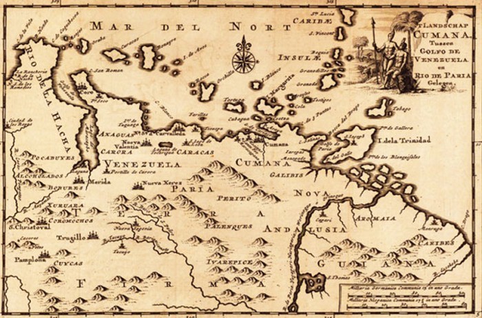 Карта северного побережья Южной Америки и архипелага Антильских островов. 1706 г.