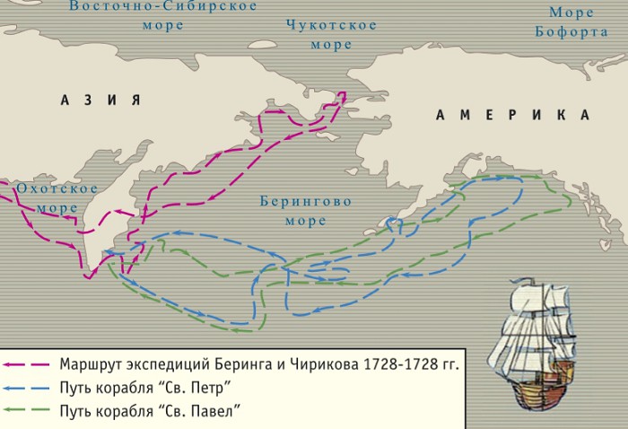 Маршрут экспедиций Беринга и Чирикова 1728-1728 гг.