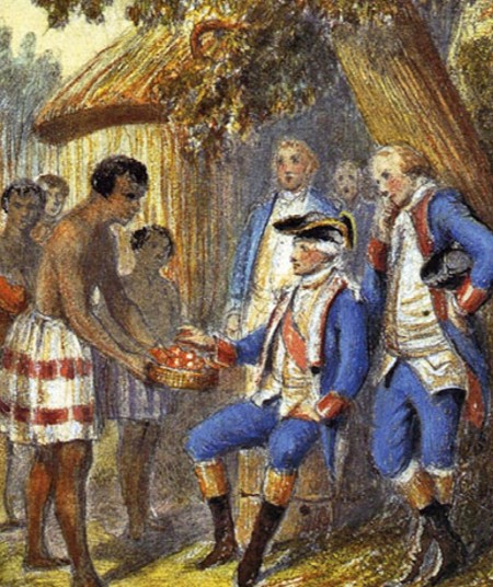 Таитяне приносят Бугенвилю фрукты. 1768 г.