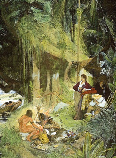 Гумбольдт и Бонплан на реке Ориноко. По рисунку Ф. Келлера.1877 г.