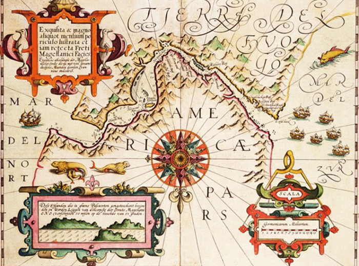 На фрагменте старинной карты изображен Магелланов пролив