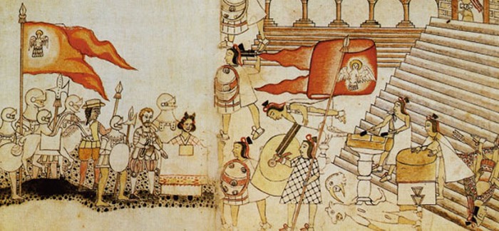 Иллюстрация из кодекс а «Аскатитлан». XVI в. Слева – армия Кортеса, справа – правитель ацтеков Куаутемок умирает у подножия пирамиды в Теночтитлане в 1521 г.