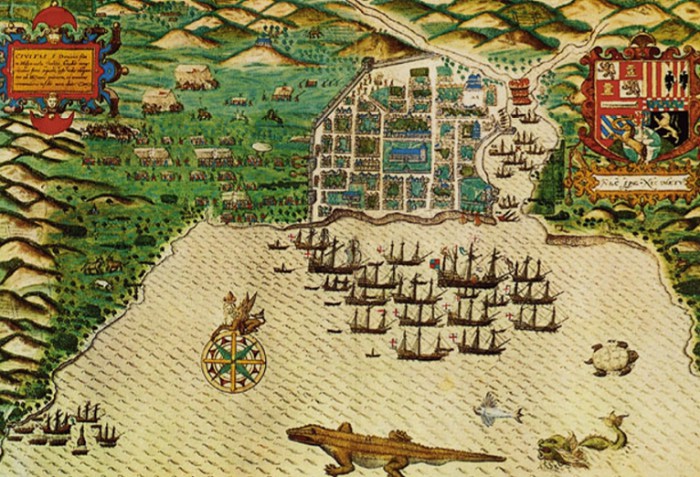 На гравюре Б. Боазио изображены гавань и город Санто-Доминго на Эспаньоле (совр. Гаити). 1586 г.