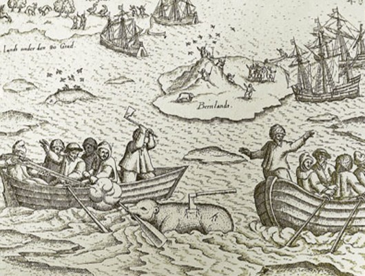 Моряки из команды Баренца охотятся на белого медведя. Рисунок из дневника Геррит де Веера. 1595 г.