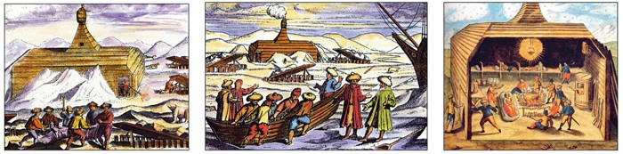 зимовка экспедиции Баренца на Новой Земле. Рисунки из дневника Геррит де Веера. 1594 г
