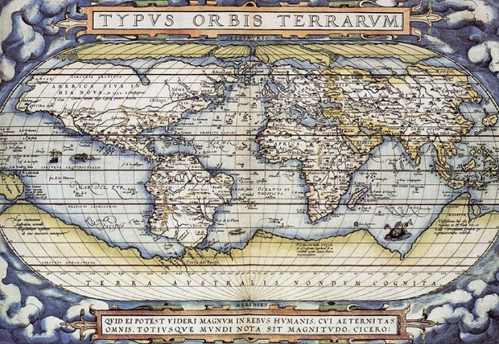На карте 1570 г. в Южном полушарии планеты изображена «Неведомая Южная Земля»