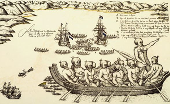 Корабли Тасмана и полинезийское каноэ у берегов одного из островов Фиджи. Гравюра по рисунку А. Тасмана. 1643 г.